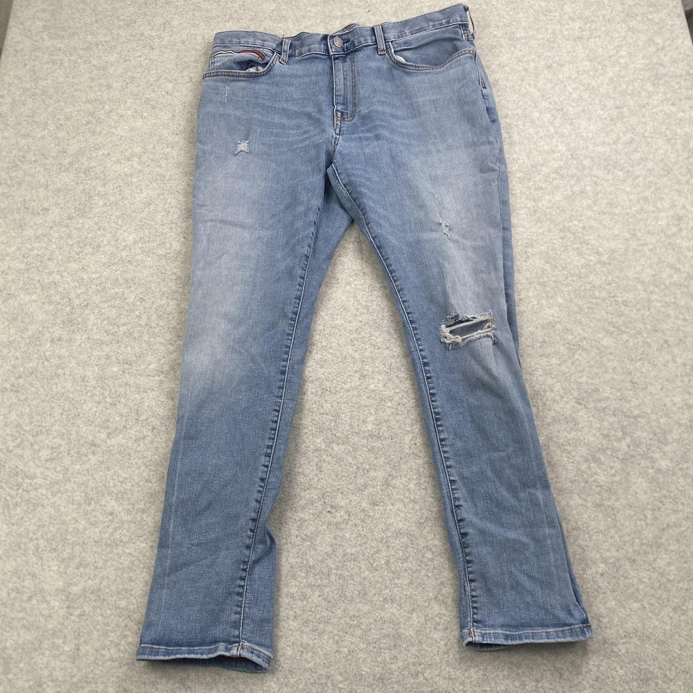 Tommy Jeans Mens 36x32 (36x28) Light Wash Slim Straight Distressed Denim